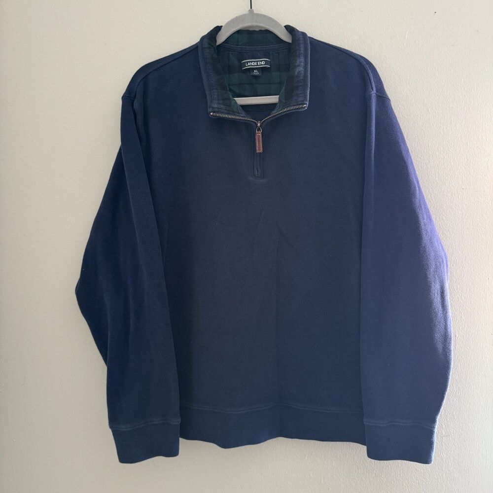 Lands End Blue Quarter Zip Knit Pullover Sweater Mens XL (46-48) Cotton Preppy